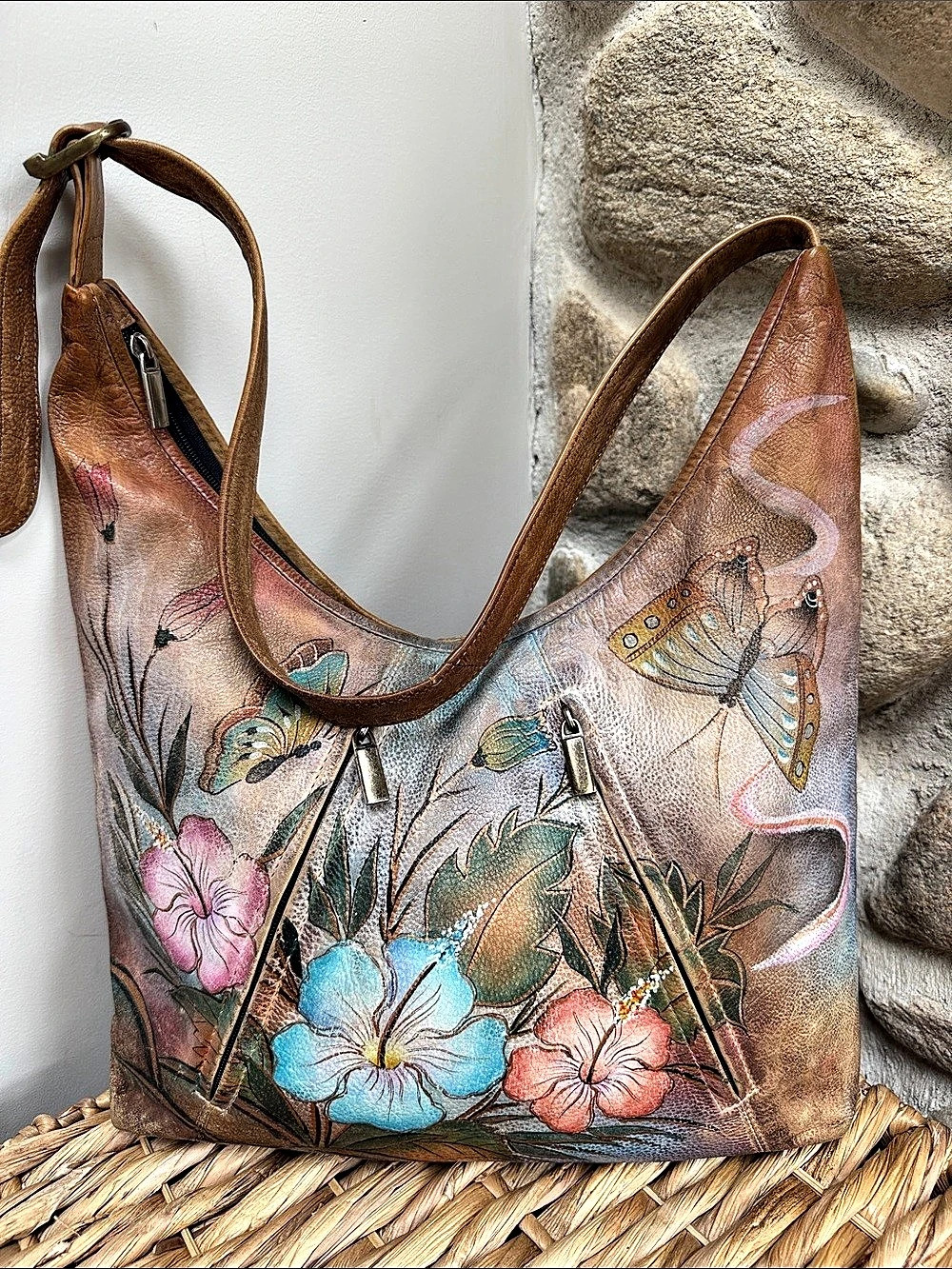 Anuschka Hand Painted Leather Shoulder Hobo Bag